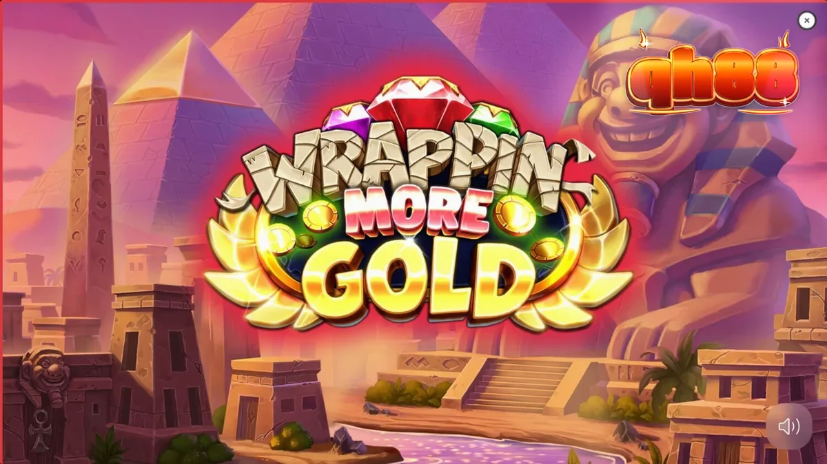 Giao diện trò chơi Wrappin’ More Gold với xác ướp thân thiện và các biểu tượng đá quý rực rỡ.
